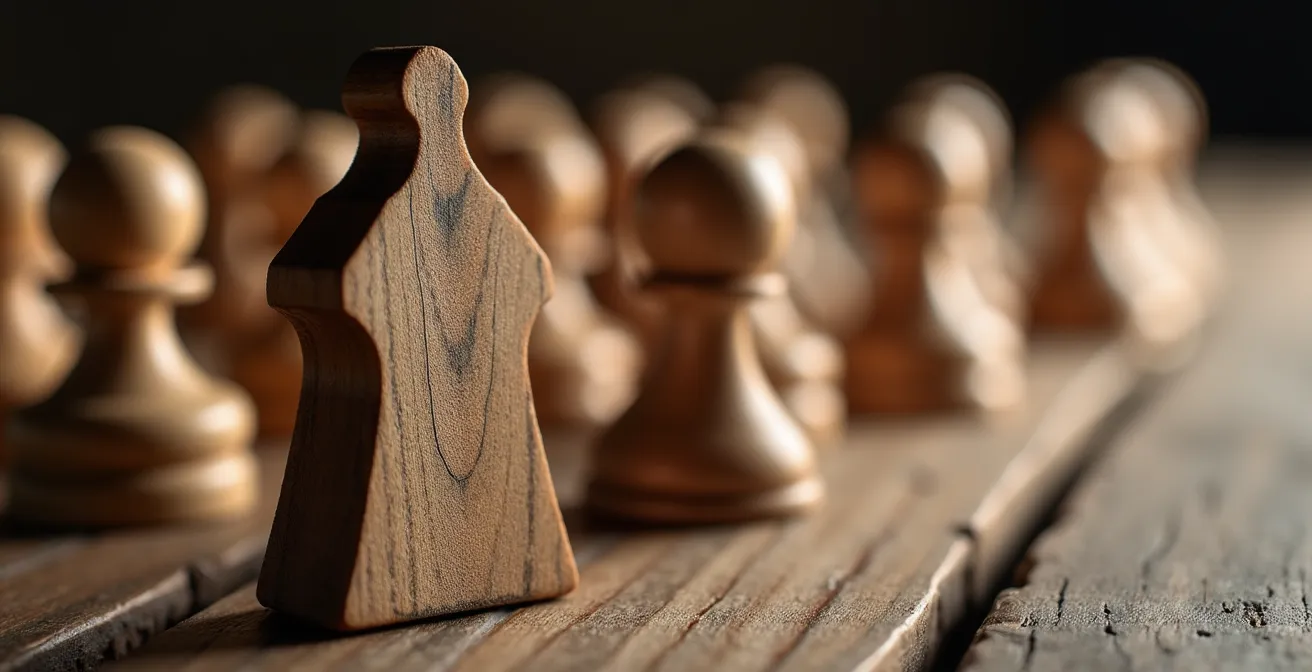 Détail macro d'un jeu en bois traditionnel montrant les textures et la patine