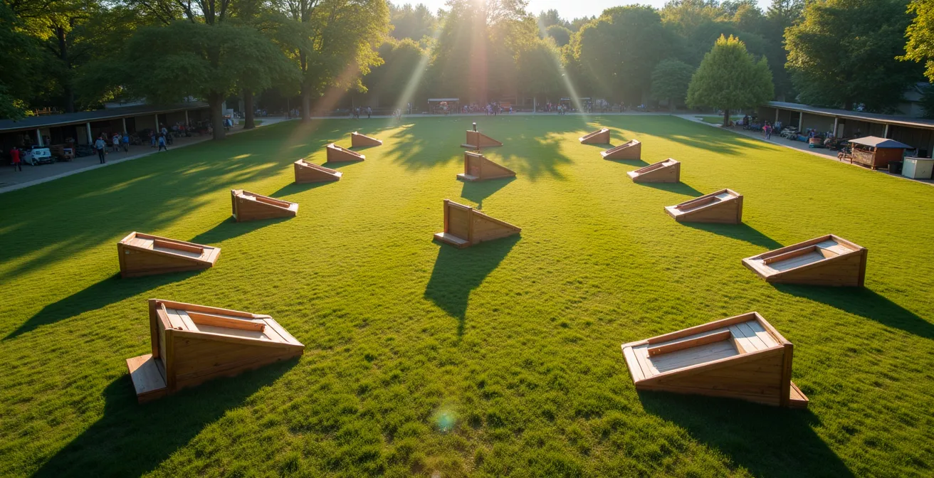 Vue aérienne d'une organisation spatiale de kermesse avec zones d'activités