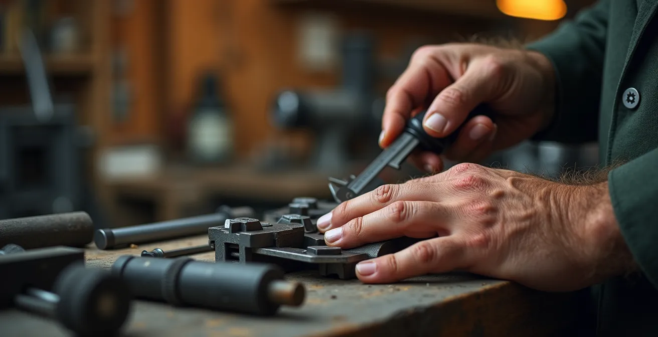 Mains d'artisan inspectant un détail métallique avec des outils de précision
