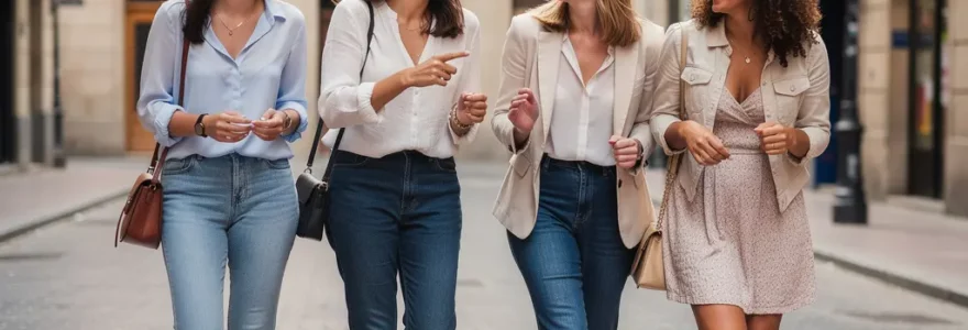 Groupe d'amies marchant dans une rue colorée du quartier Gràcia à Barcelone pour un EVJF