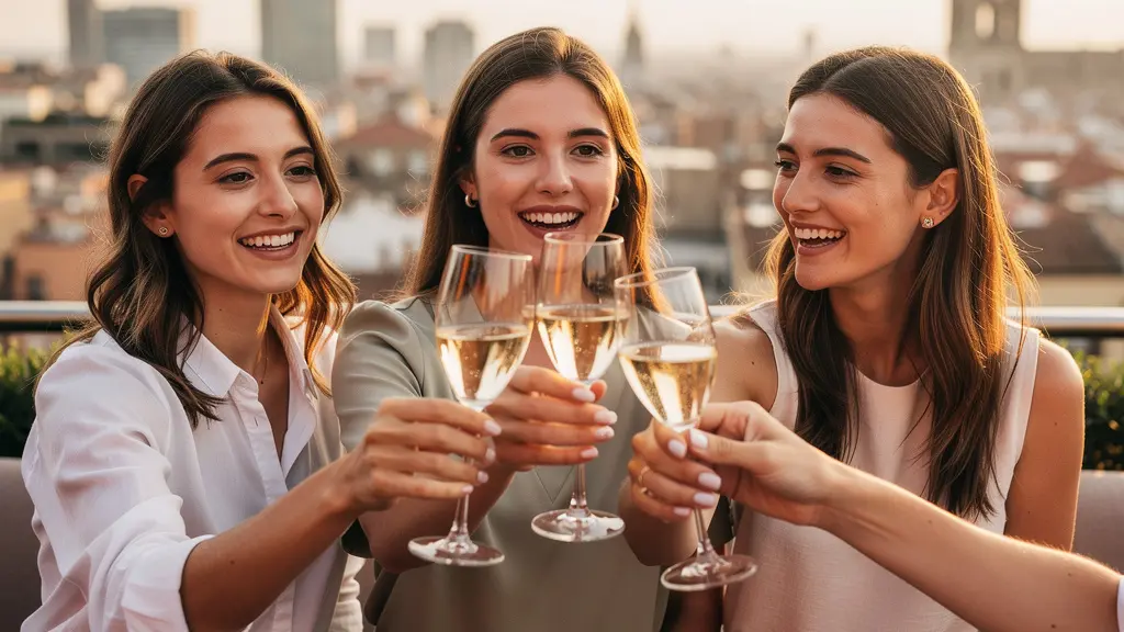 Petit groupe de femmes trinquant sur un rooftop avec vue sur Barcelone