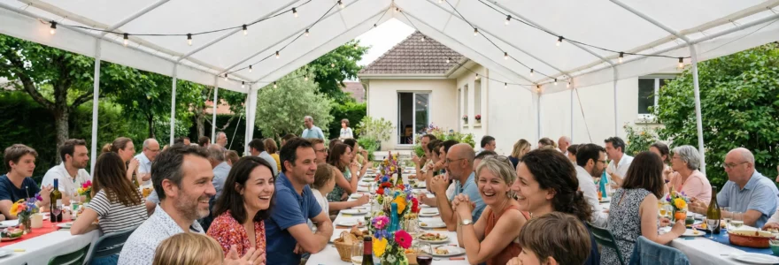Famille française célébrant sous barnum blanc dans jardin, tables décorées et guirlandes lumineuses