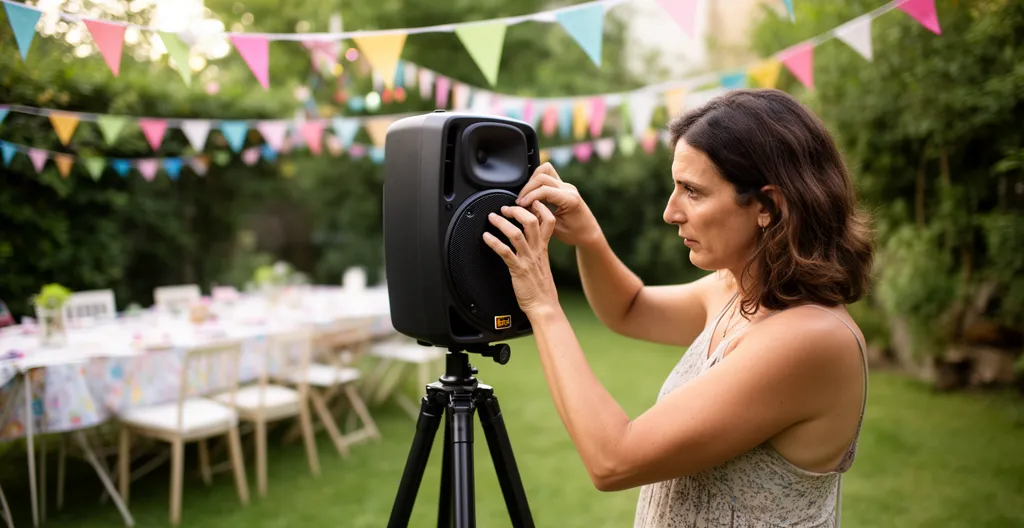 Femme ajustant enceinte sur pied dans jardin décoré pour réception événementielle